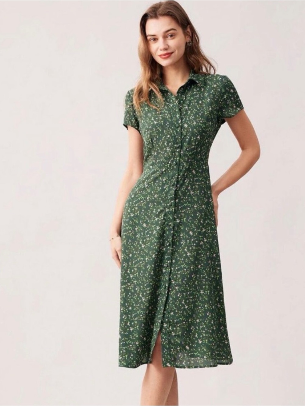 RIHOAS Green Floral Button-Down Midi Dress